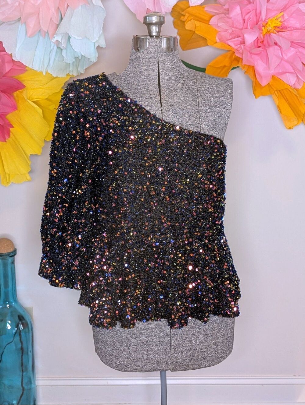 2073 - Sugar Lips One-Shoulder Sequin Top in Black XL